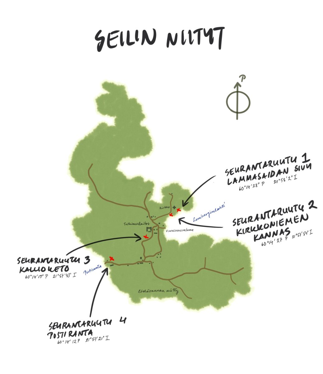 The locations of the meadow monitoring plots in Seili.